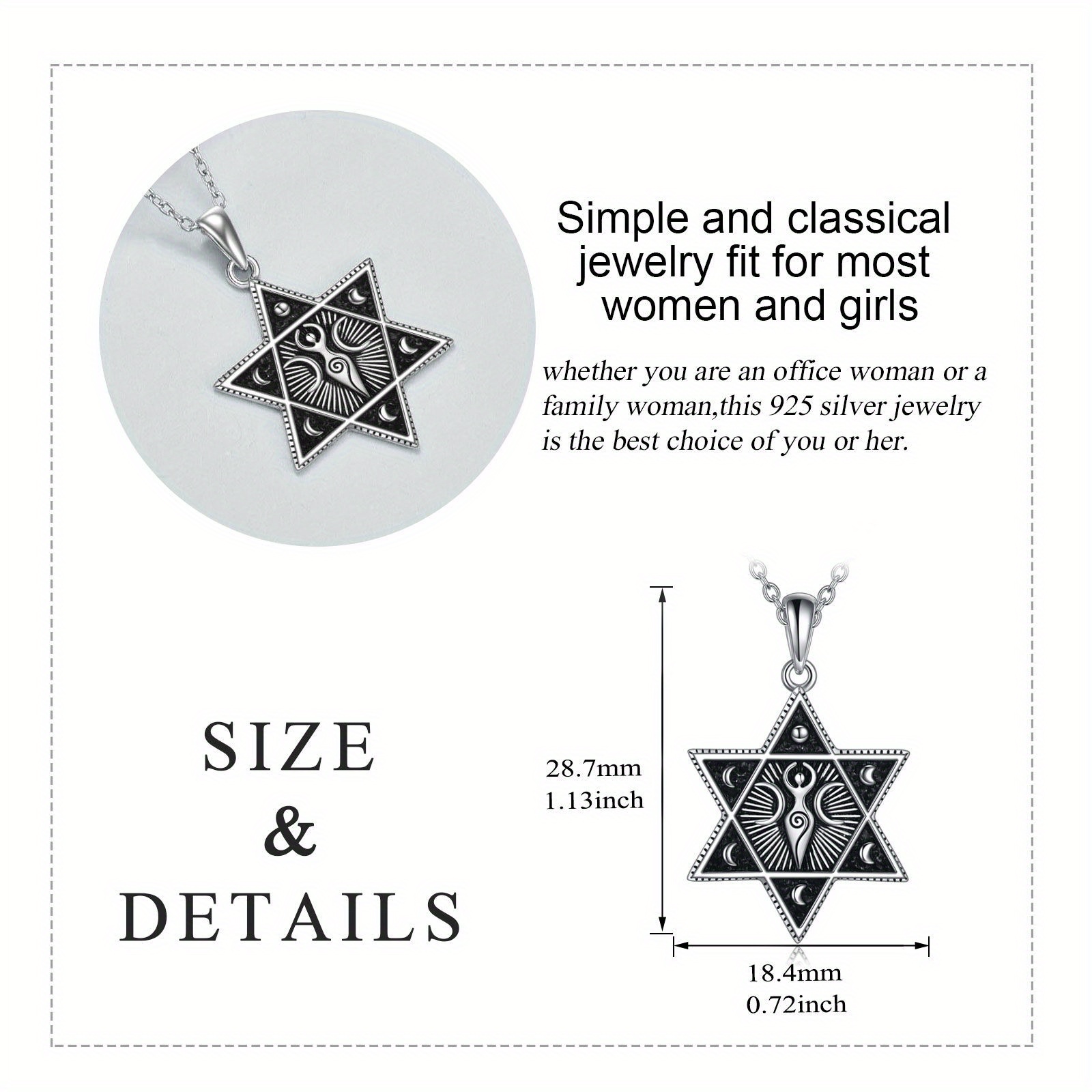925 Sterling Silver Triple Moon Goddess Necklace with Star of David Pendant